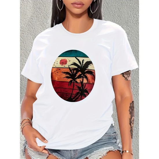 Coconut Tree And Sun Graphic Round Neck Sports T-shirt, Comfortable Soft Short Sleeves Causal Workout Tops, Women’s Activewear – PRYCUS MITCHELL INC Coconut Tree And Sun Graphic Round Neck Sports T-shirt, Comfortable Soft Short Sleeves Causal Workout Tops, Women’s Activewear – PRYCUS MITCHELL INC