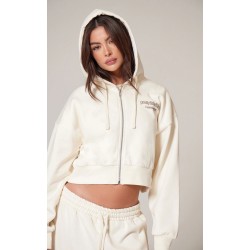 PRETTYLITTLETHING Cream Premium Print Zip Front Hoodie