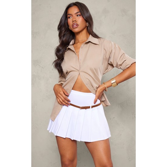 White Stretch Woven Belt Detail Pleated Mini Skirt White Stretch Woven Belt Detail Pleated Mini Skirt