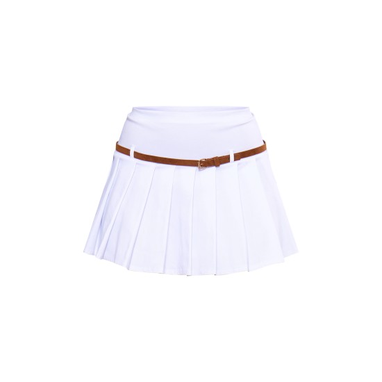 White Stretch Woven Belt Detail Pleated Mini Skirt White Stretch Woven Belt Detail Pleated Mini Skirt
